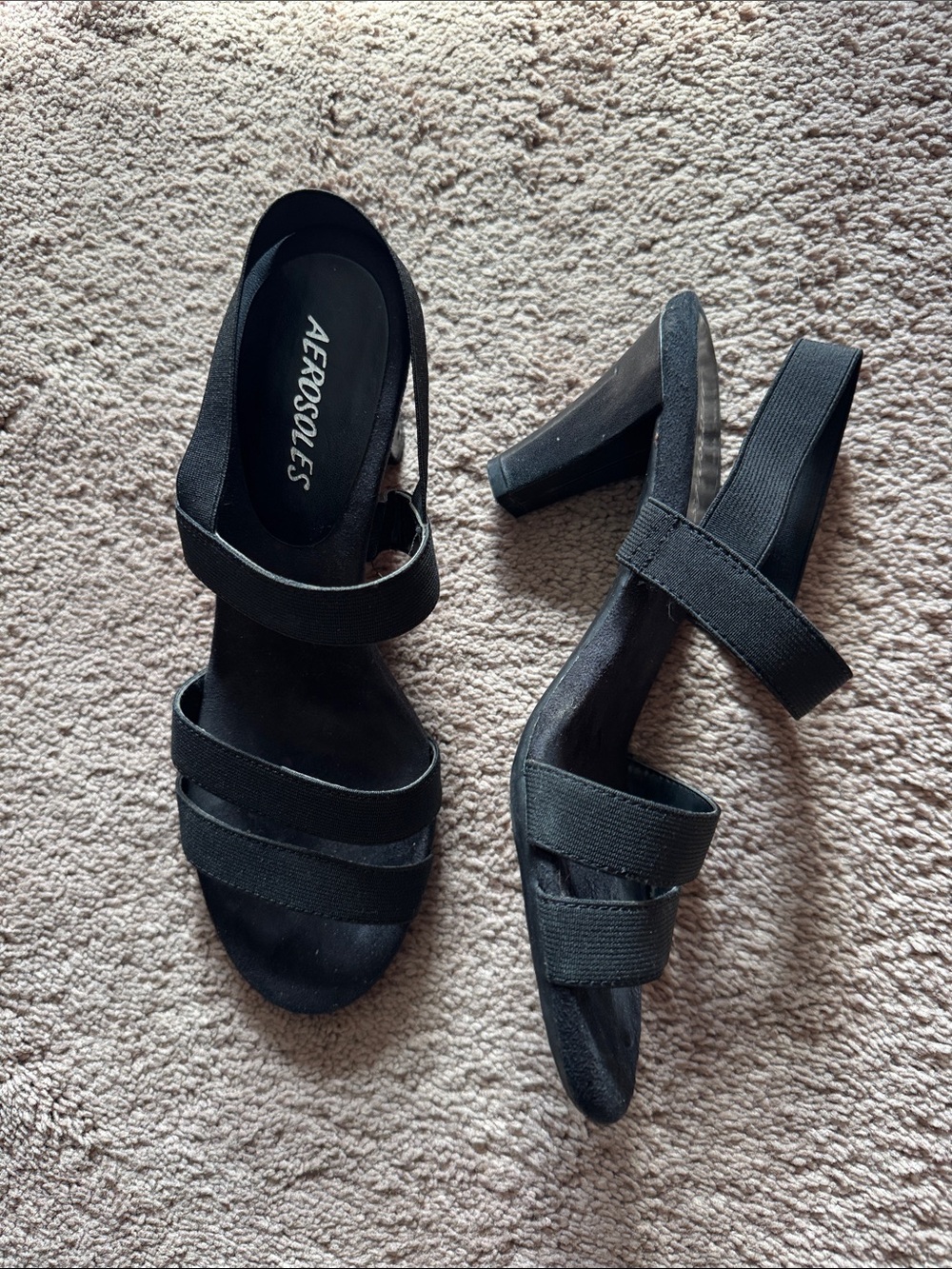 AEROSOLES Black Elastic Strap Block Heel Sandals